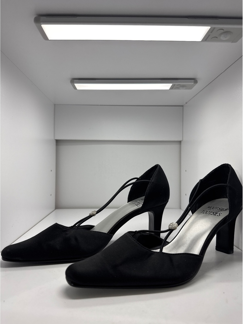Mootsies Tootsies Black Satin T-Strap Heels with Rhinestone,